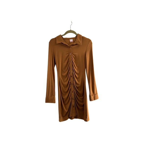 Ruched Button-Down Tunic Shirt Collar Medium NO BOUNDARIES 3/4 Sleeves Brown Y2K - Picture 1 of 8